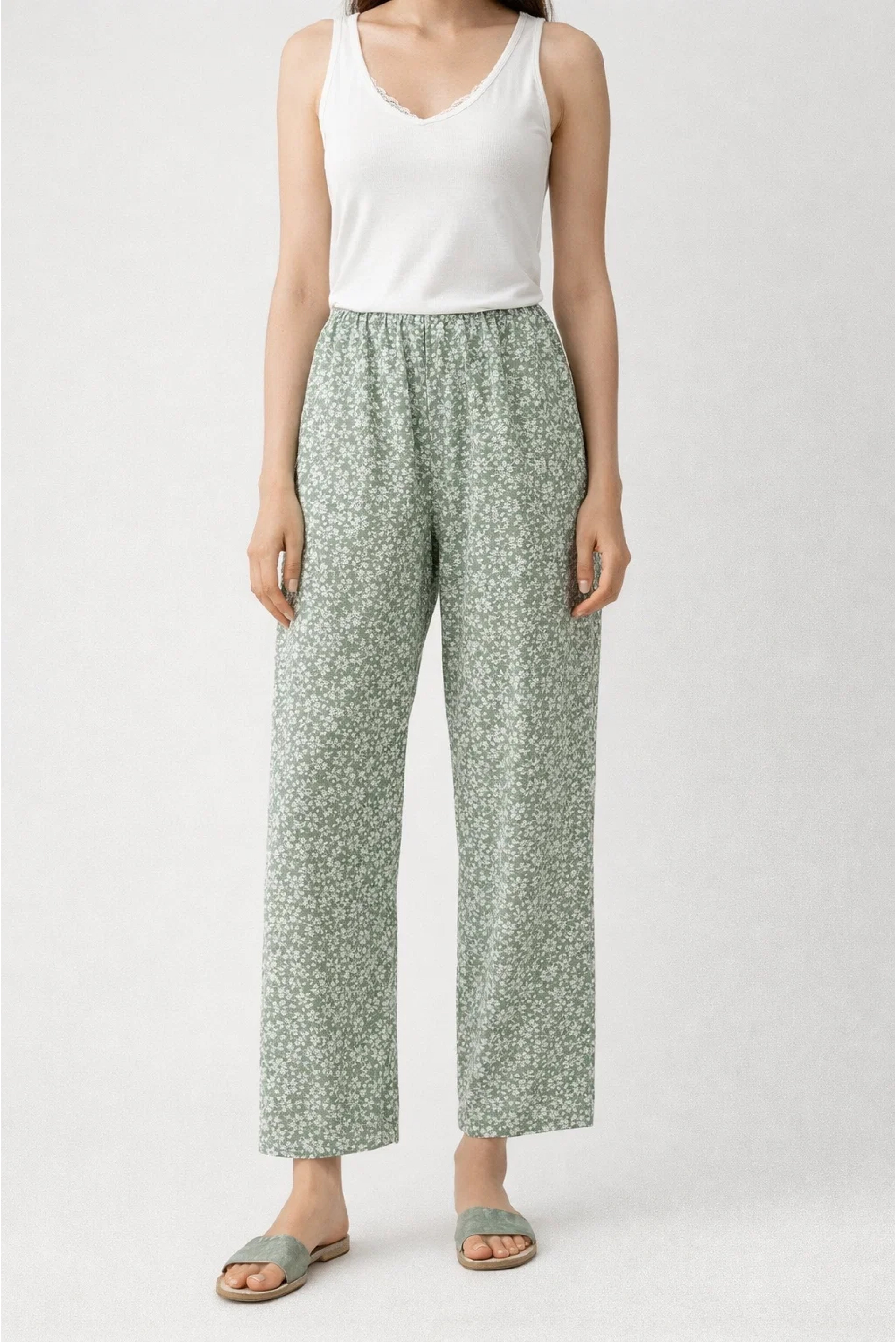 Sage Green Ditsy Floral Linen Trousers - Luxury Wide-Leg Pants for Women | Body Girl