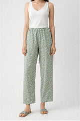 Sage Green Ditsy Floral Linen Trousers - Luxury Wide-Leg Pants for Women | Body Girl