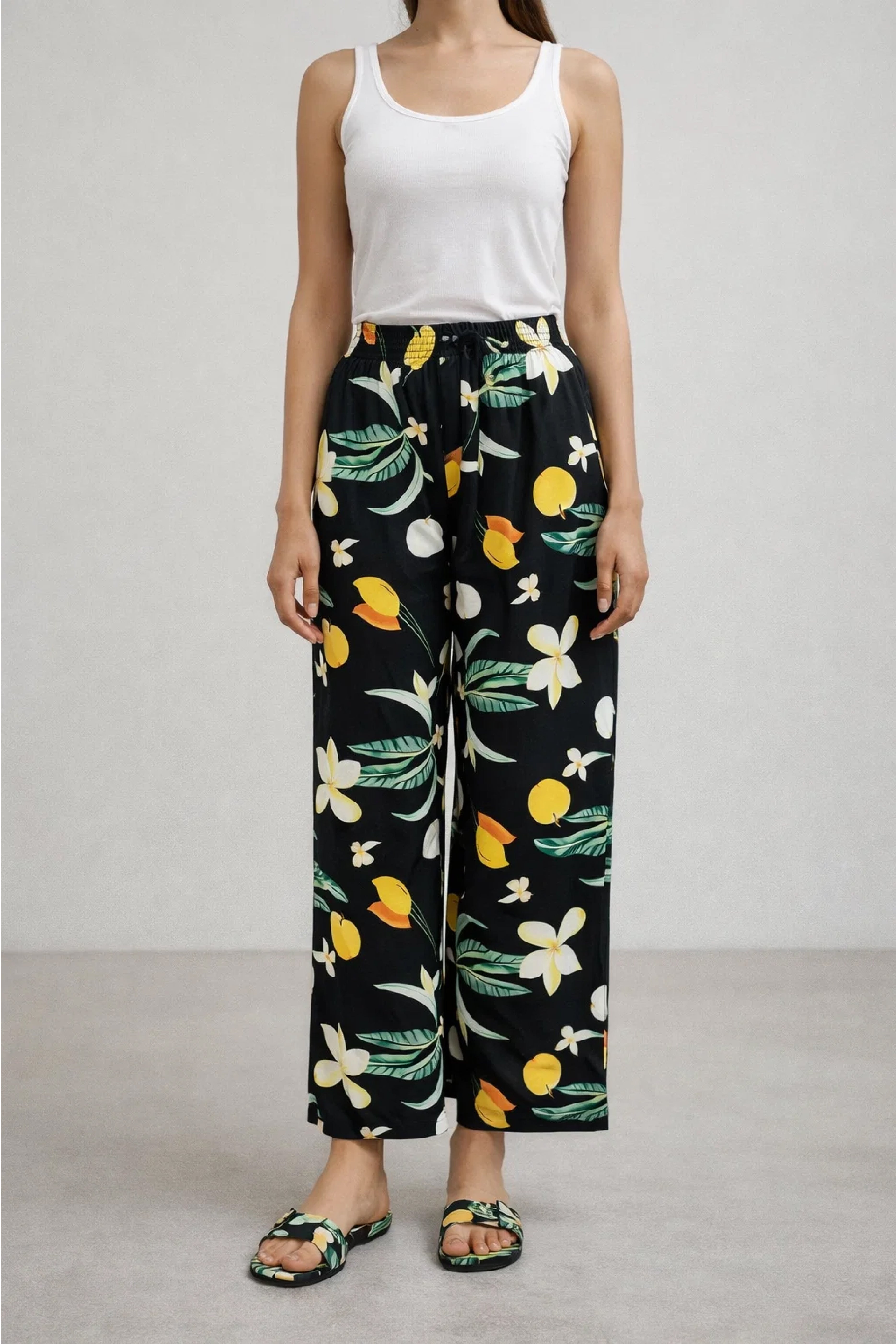 Black Lemon Print Linen Trousers - Luxury Wide-Leg Tropical Pants for Women | Body Girl