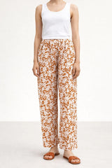 Rust Orange Retro Floral Linen Trousers - Luxury Wide-Leg Pants for Women | Body Girl