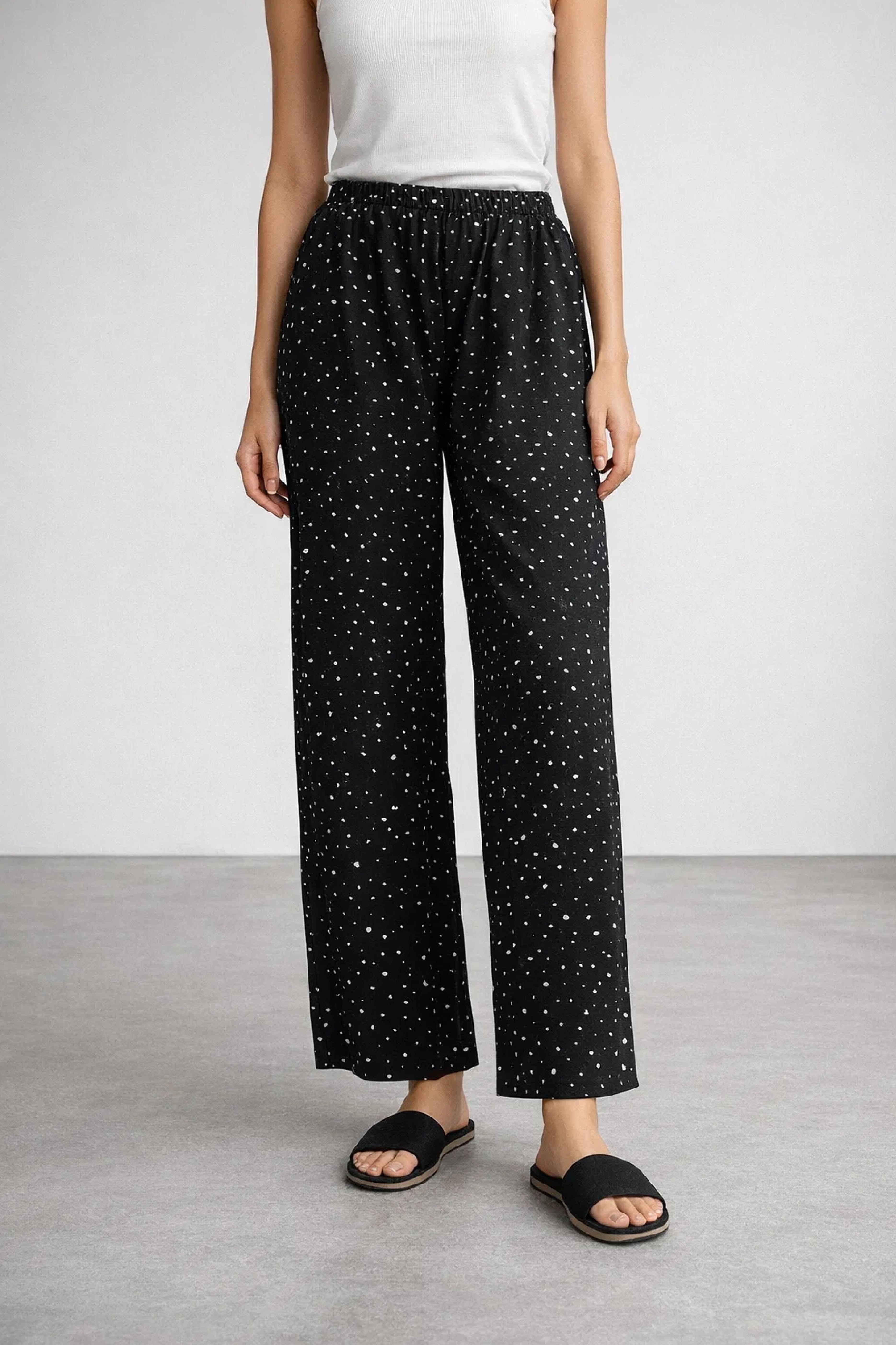 Black Polka Dot Linen Trousers - Luxury Wide-Leg High-Waist Pants for Women | Body Girl