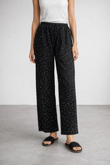 Black Polka Dot Linen Trousers - Luxury Wide-Leg High-Waist Pants for Women | Body Girl