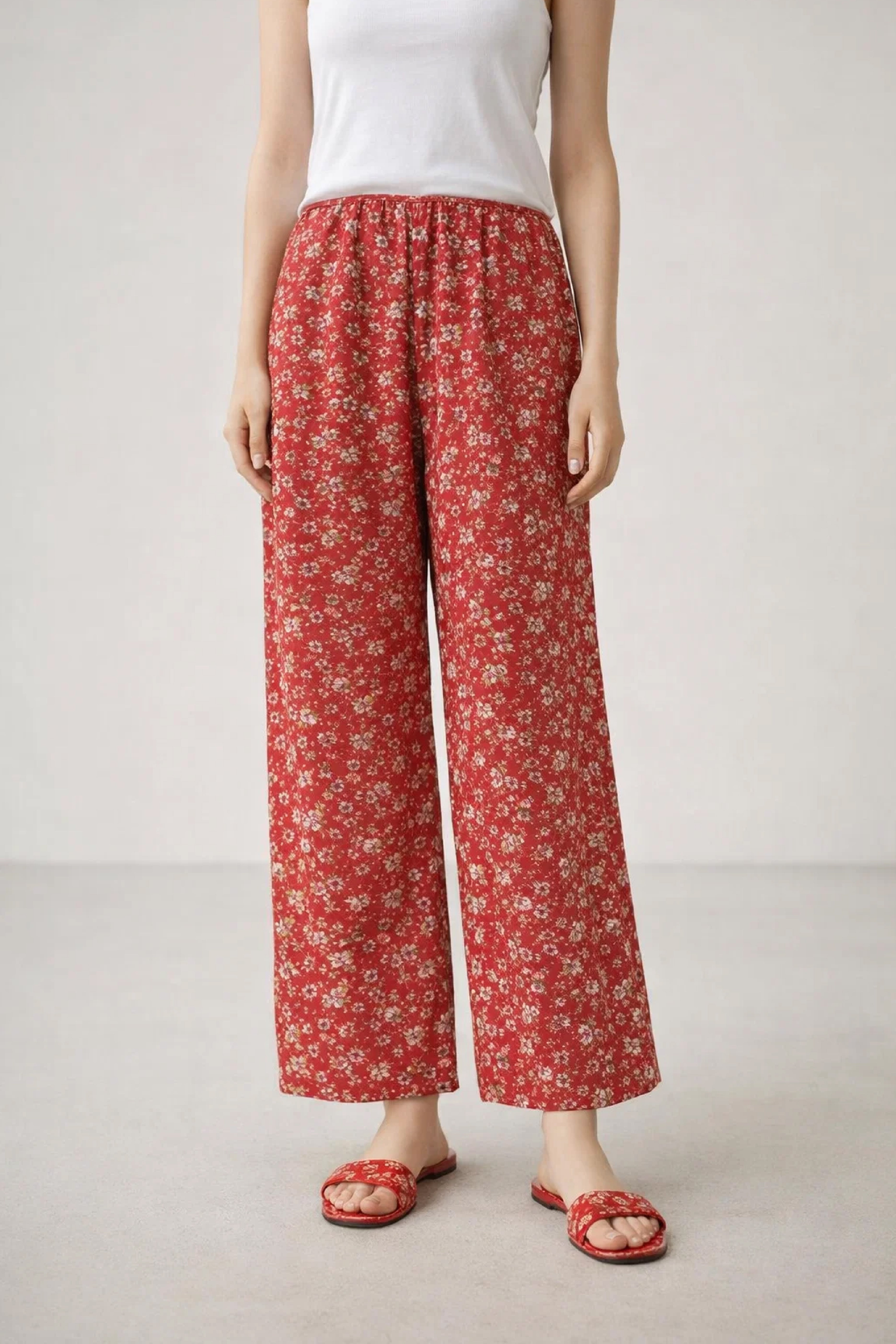 Red Floral Linen Trousers - Luxury Wide-Leg High-Waist Pants for Women | Body Girl