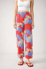 Red Tropical Print Linen Trousers - Luxury Wide-Leg Floral Leaf Pants for Women | Body Girl