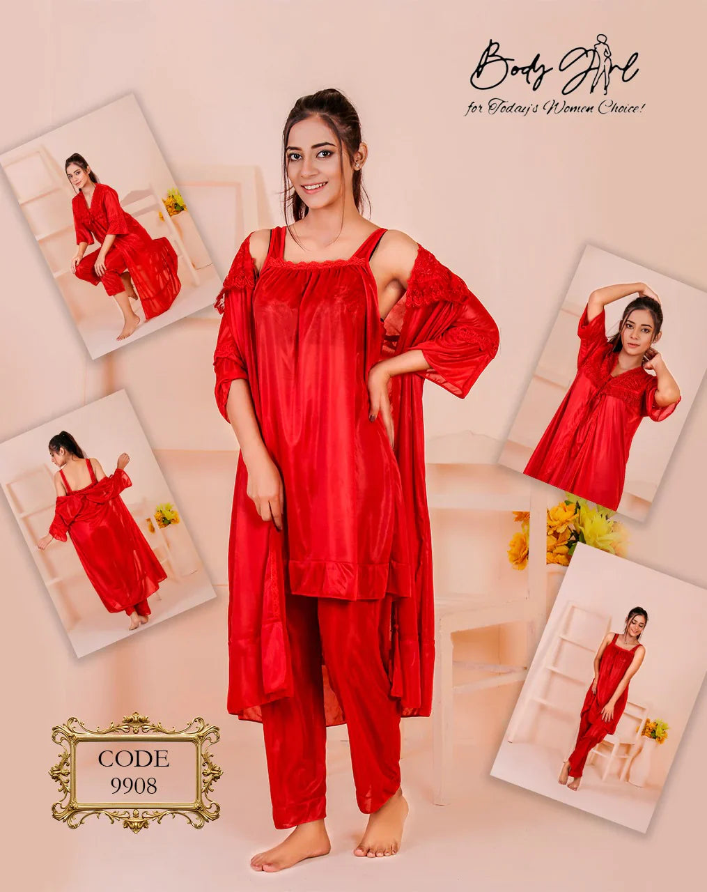 Body Girl 3-Pieces Long Gown Nightwear For Girls & Women Free Size