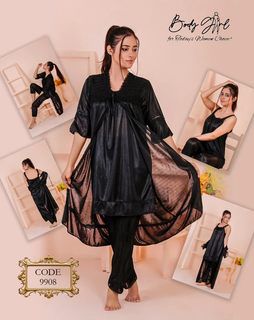 Body Girl 3-Pieces Long Gown Nightwear For Girls & Women Free Size