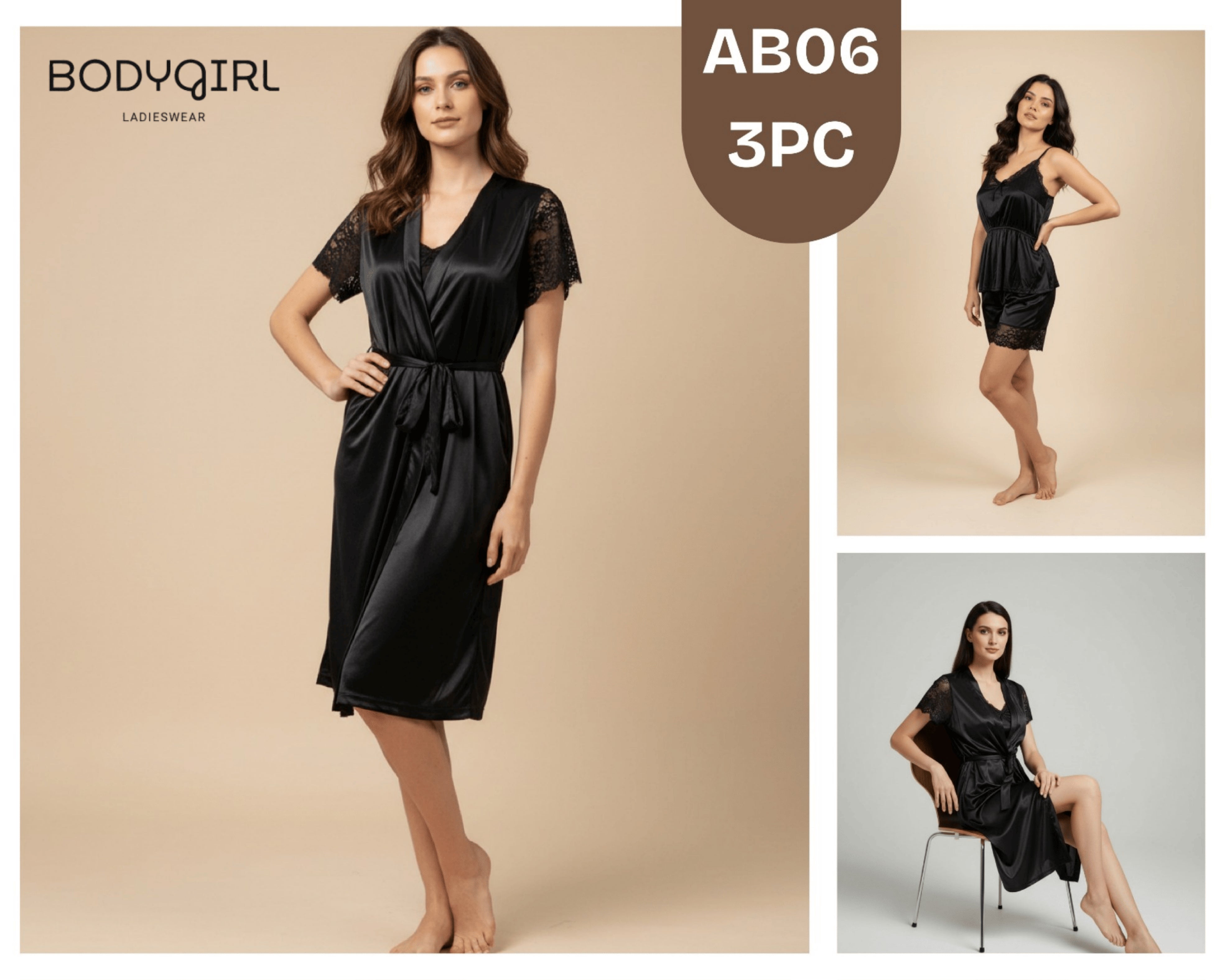 Silk Nightwear Set - 3 Piece Luxury Robe, Cami & Shorts with Lace