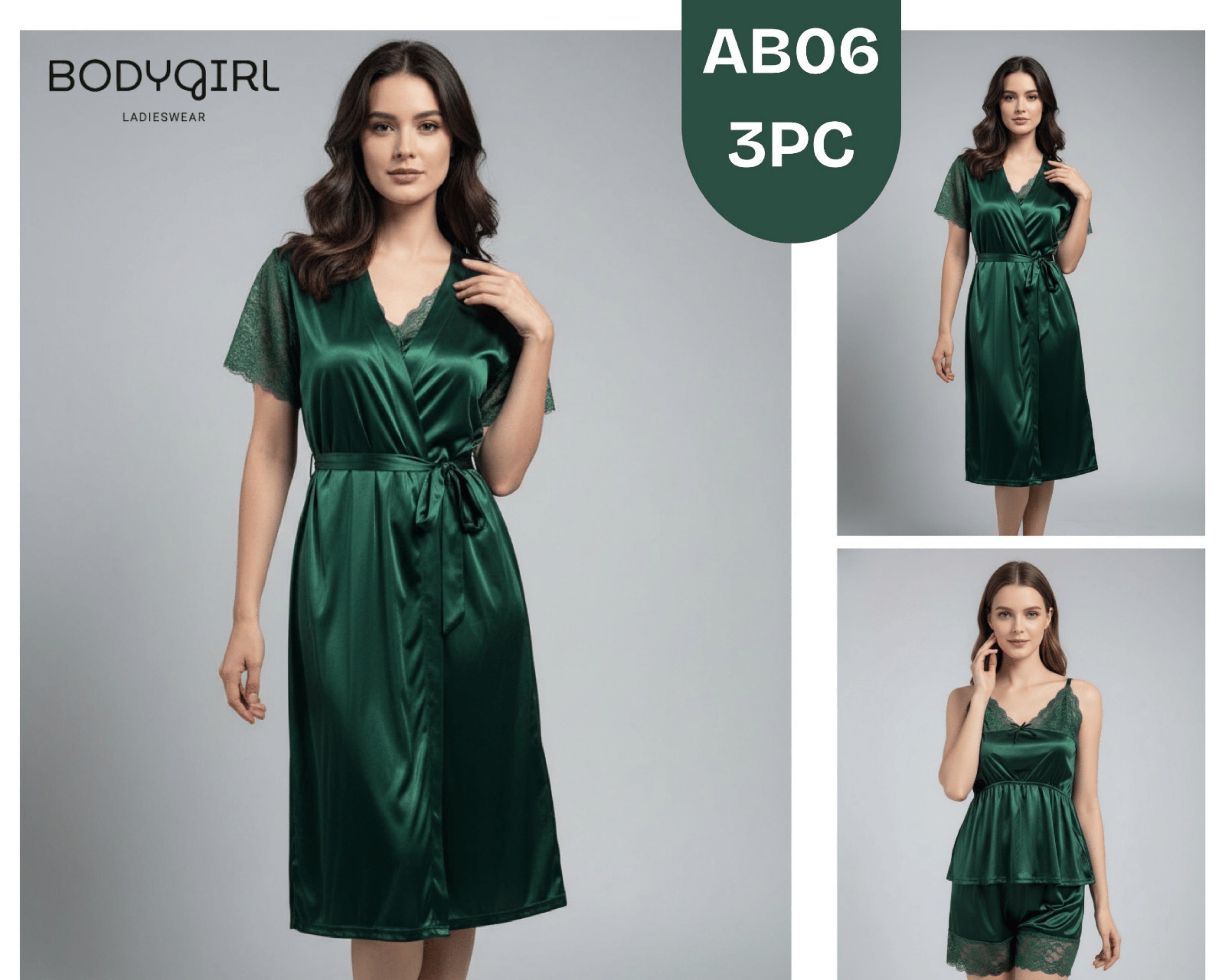 Silk Nightwear Set - 3 Piece Luxury Robe, Cami & Shorts with Lace