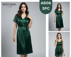 Silk Nightwear Set - 3 Piece Luxury Robe, Cami & Shorts with Lace