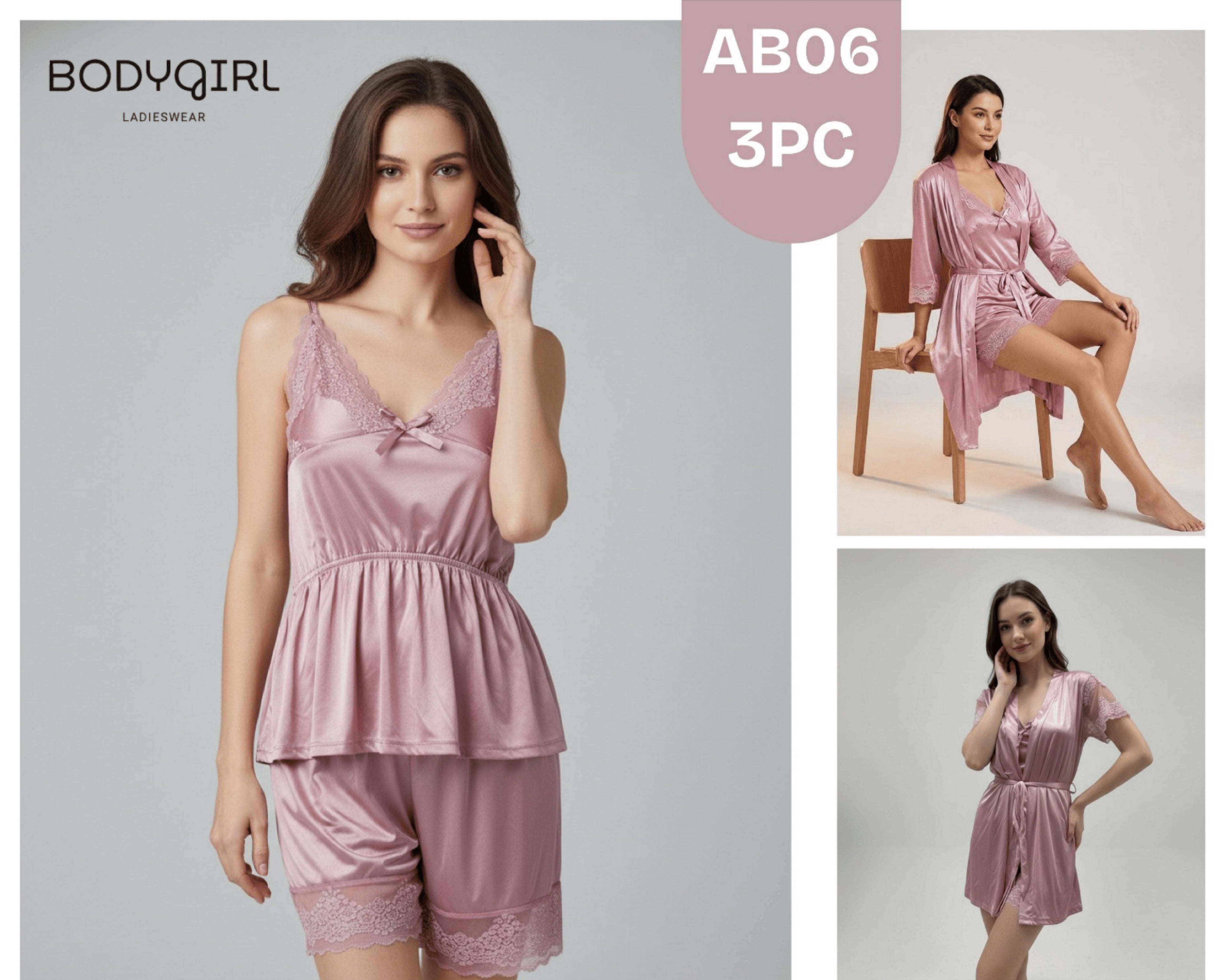 Silk Nightwear Set - 3 Piece Luxury Robe, Cami & Shorts with Lace