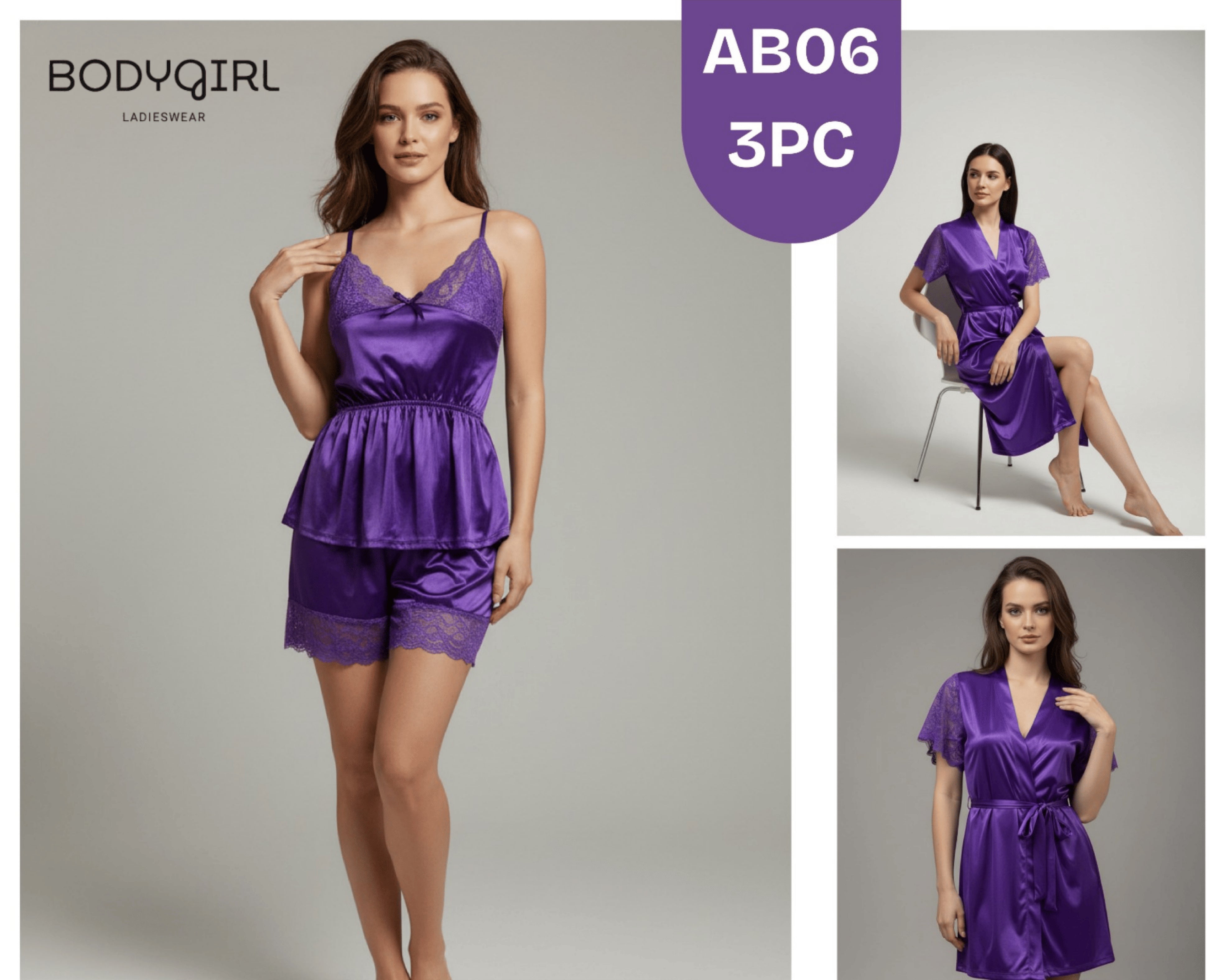 Silk Nightwear Set - 3 Piece Luxury Robe, Cami & Shorts with Lace