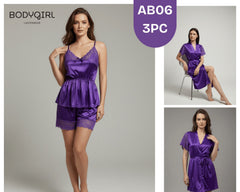 Silk Nightwear Set - 3 Piece Luxury Robe, Cami & Shorts with Lace
