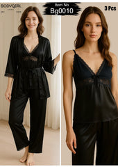  Silk Nightwear Set - 3 Piece Luxury Robe, Cami & Pants with Lace 
