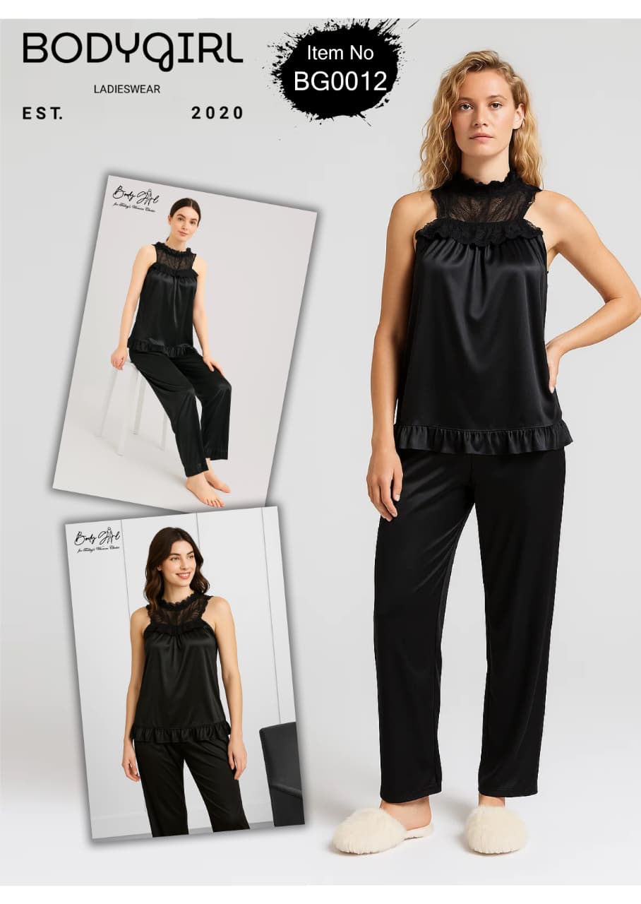 Silk Nightwear Set - 2 Piece Luxury Lace Neck Pajama with Ruffle