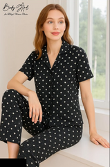 Body Girl Premium Black & White Daisy Linen Pajama Set – Elegant & Comfortable Women’s Nightwear
