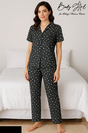 Body Girl Premium Black & White Daisy Linen Pajama Set – Elegant & Comfortable Women’s Nightwear