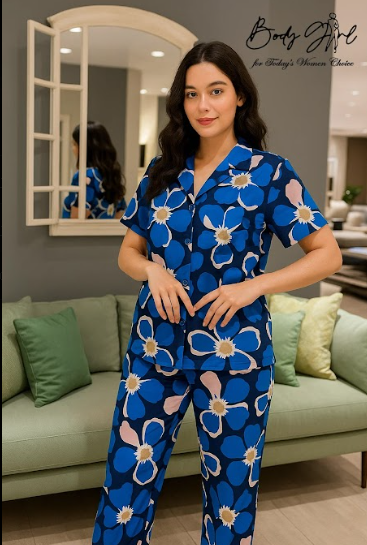 Body Girl Premium Blue Bold Floral Linen Pajama Set – Stylish & Comfortable Nightwear for Women
