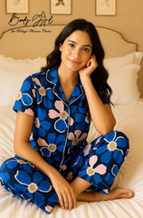 Body Girl Premium Blue Bold Floral Linen Pajama Set – Stylish & Comfortable Nightwear for Women