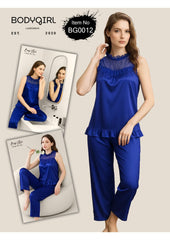 Silk Nightwear Set - 2 Piece Luxury Lace Neck Pajama with Ruffle