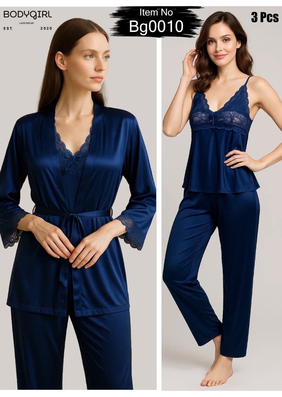  Silk Nightwear Set - 3 Piece Luxury Robe, Cami & Pants with Lace 