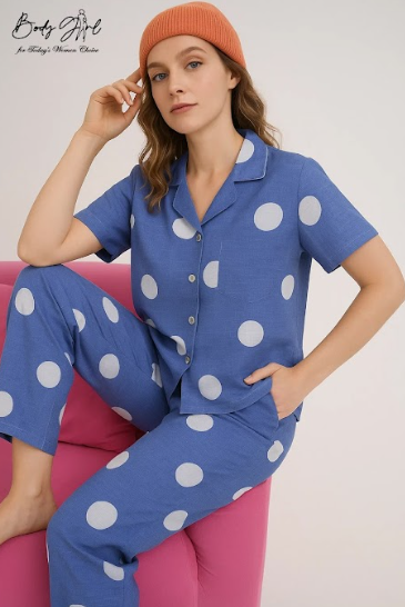 Body Girl Navy Polka Dot Linen Pajama Set – Playful & Timeless Women’s Nightwear