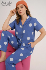 Body Girl Navy Polka Dot Linen Pajama Set – Playful & Timeless Women’s Nightwear