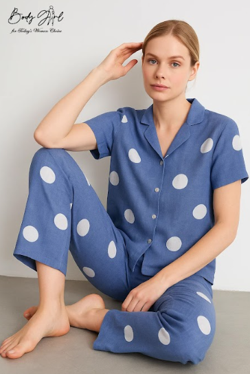 Body Girl Navy Polka Dot Linen Pajama Set – Playful & Timeless Women’s Nightwear