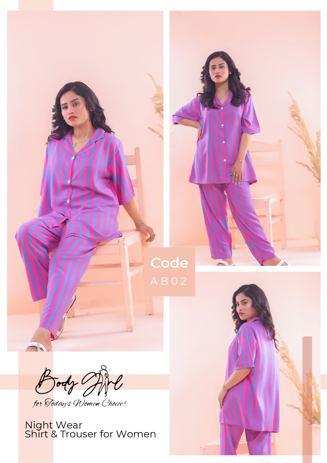 Body Girl Shirt & Trouser Night Wear Set For Girls & Women Free Size