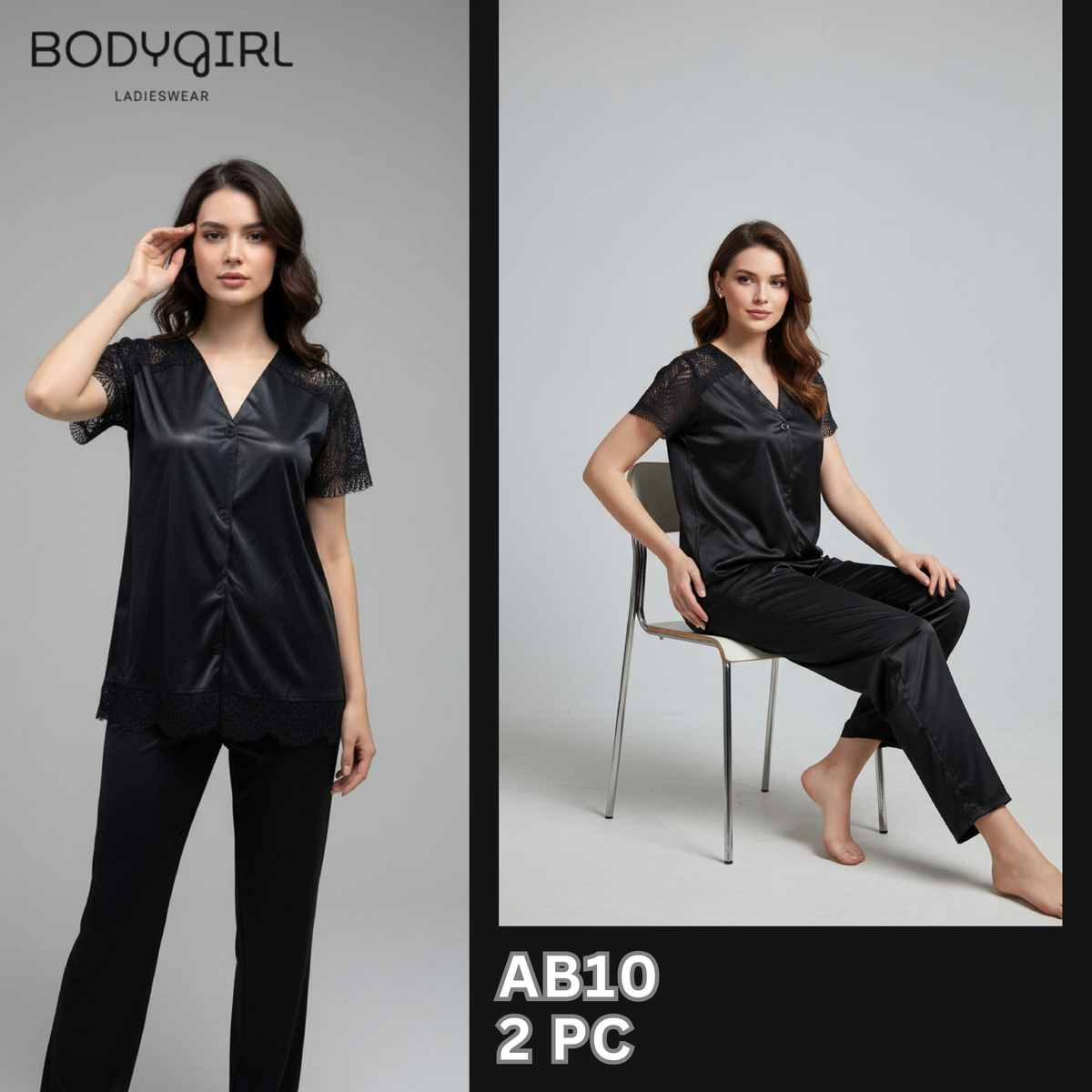 Silk Nightwear Set - 2 Piece Luxury V-Neck Pajama 