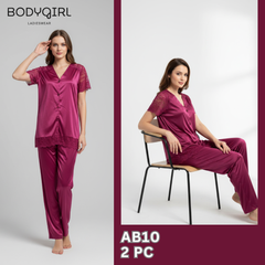 Silk Nightwear Set - 2 Piece Luxury V-Neck Pajama 