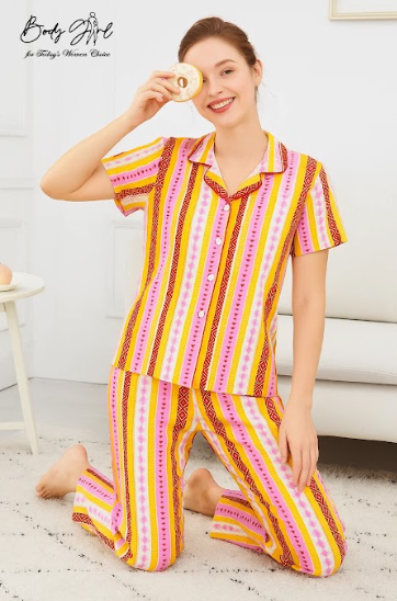Body Girl Premium Multicolor Striped Linen Pajama Set – Vibrant & Comfortable Women’s Nightwear