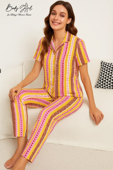 Body Girl Premium Multicolor Striped Linen Pajama Set – Vibrant & Comfortable Women’s Nightwear