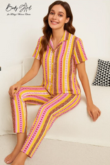 Body Girl Premium Multicolor Striped Linen Pajama Set – Vibrant & Comfortable Women’s Nightwear