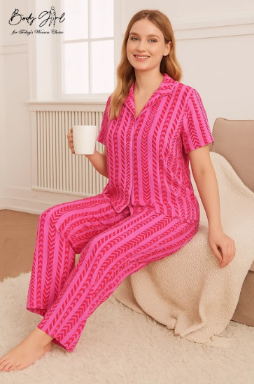 Body Girl Hot Pink Chevron Print Linen Pajama Set – Bold & Breezy Statement Nightwear for Women