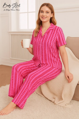 Body Girl Hot Pink Chevron Print Linen Pajama Set – Bold & Breezy Statement Nightwear for Women