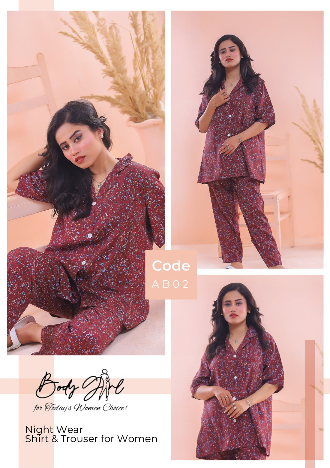 Body Girl Floral Printed Shirt & Trouser Night Wear For Girls & Women Free Size