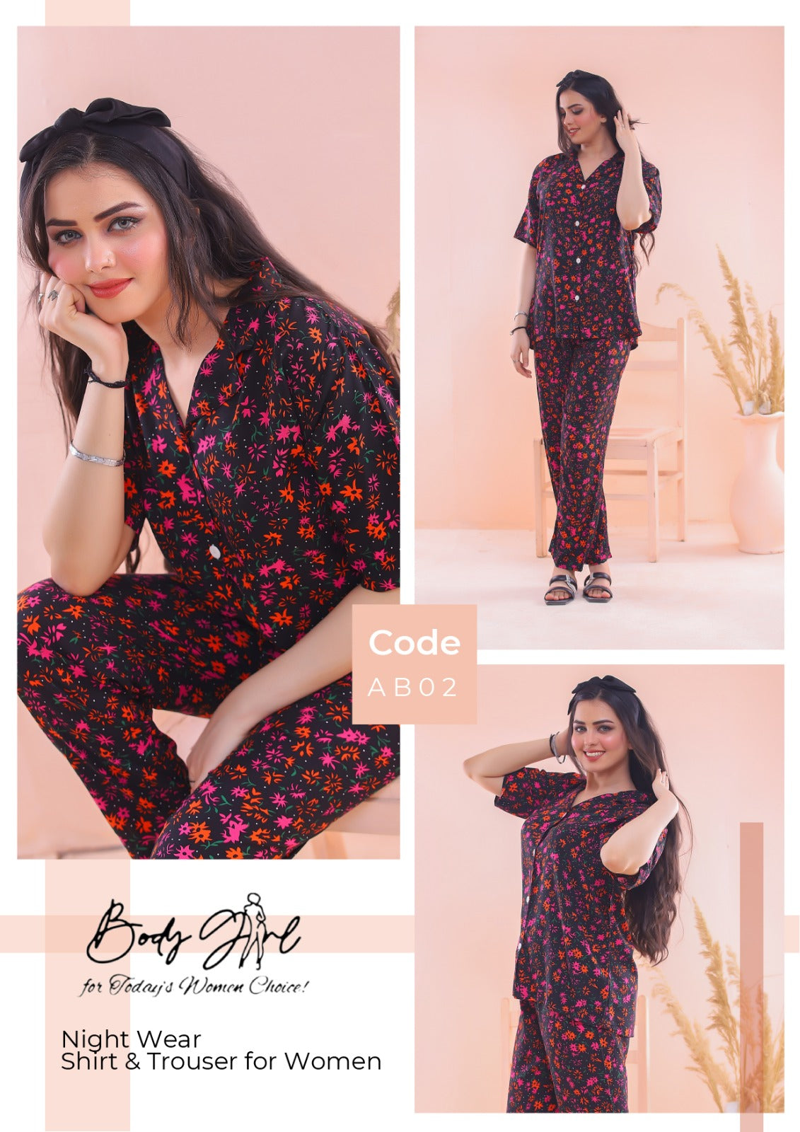 Body Girl Floral Printed Shirt & Trouser Night Wear For Girls & Women Free Size
