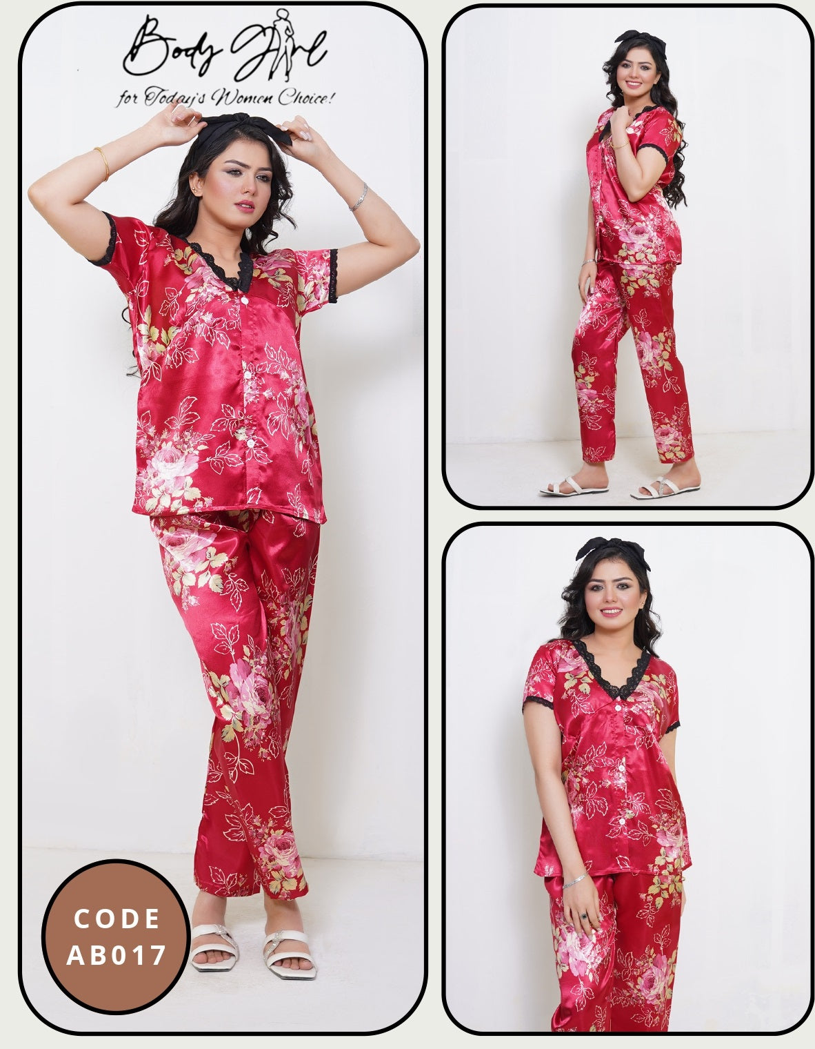 Body Girl 2 Pcs Half Sleeves Suit with Flower Printed Shirt & Trouser Set for Women