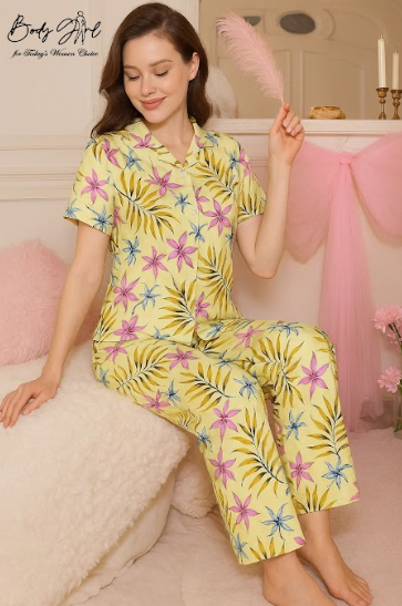 Body Girl Tropical Yellow Floral Linen Pajama Set – Lightweight, Breezy & Elegant Women’s Nightwear