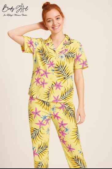 Body Girl Tropical Yellow Floral Linen Pajama Set – Lightweight, Breezy & Elegant Women’s Nightwear
