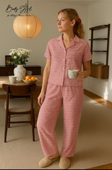 Body Girl Premium Red & White Striped Linen Pajama Set – Timeless, Cozy & Elegant Women’s Nightwear