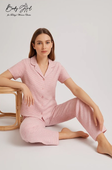 Body Girl Premium Red & White Striped Linen Pajama Set – Timeless, Cozy & Elegant Women’s Nightwear