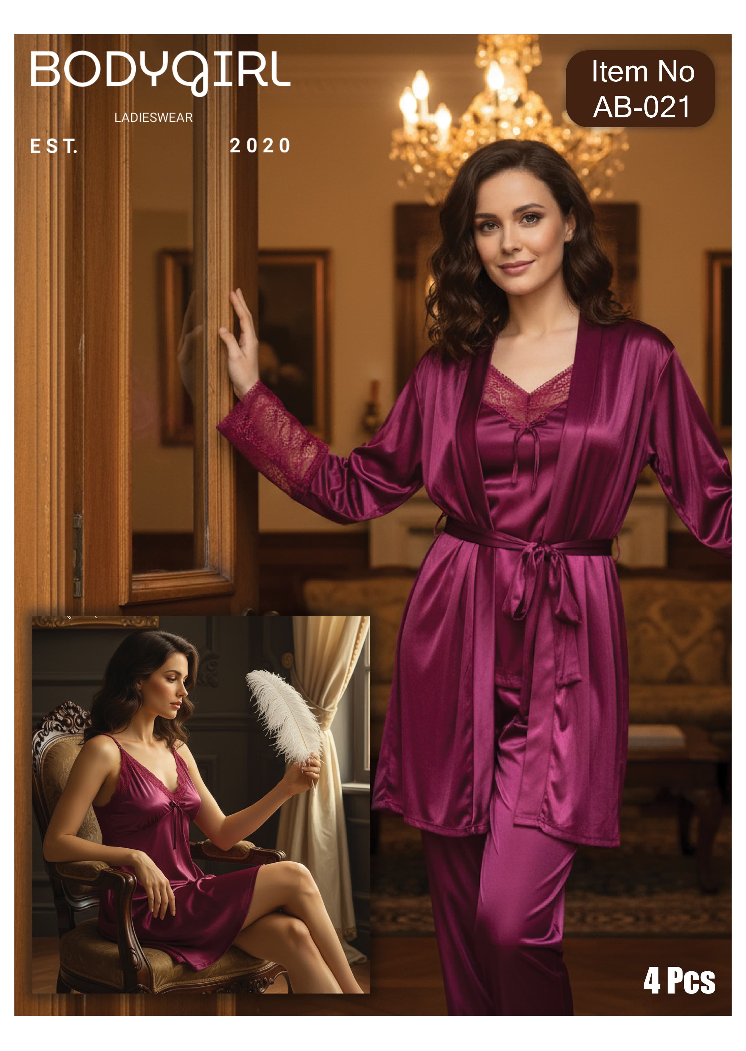 BodyGirl 3-Piece Silk Gown Set