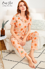 Body Girl Premium Peach Floral Linen Pajama Set – Elegant & Comfortable Women’s Nightwear