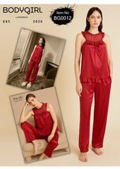 Silk Nightwear Set - 2 Piece Luxury Lace Neck Pajama with Ruffle