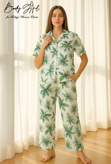 Body Girl Premium White & Green Tropical Leaf Linen Pajama Set – Elegant & Breezy Women’s Nightwear