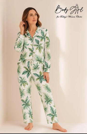 Body Girl Premium White & Green Tropical Leaf Linen Pajama Set – Elegant & Breezy Women’s Nightwear