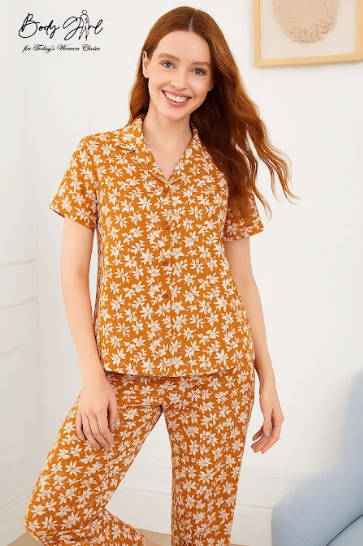 Body Girl Premium Mustard Yellow Daisy Linen Pajama Set – Chic & Comfortable Women’s Nightwear