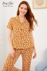 Body Girl Premium Mustard Yellow Daisy Linen Pajama Set – Chic & Comfortable Women’s Nightwear